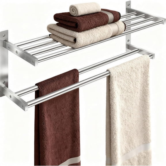 Towel Racks for Bathroom 24 inch, 2 Tier with Towel Bars, Brushed | Stainless Steel Towel Rack with Shelf, Bathroom Shelf for Towels Storage, Wall Mounted
