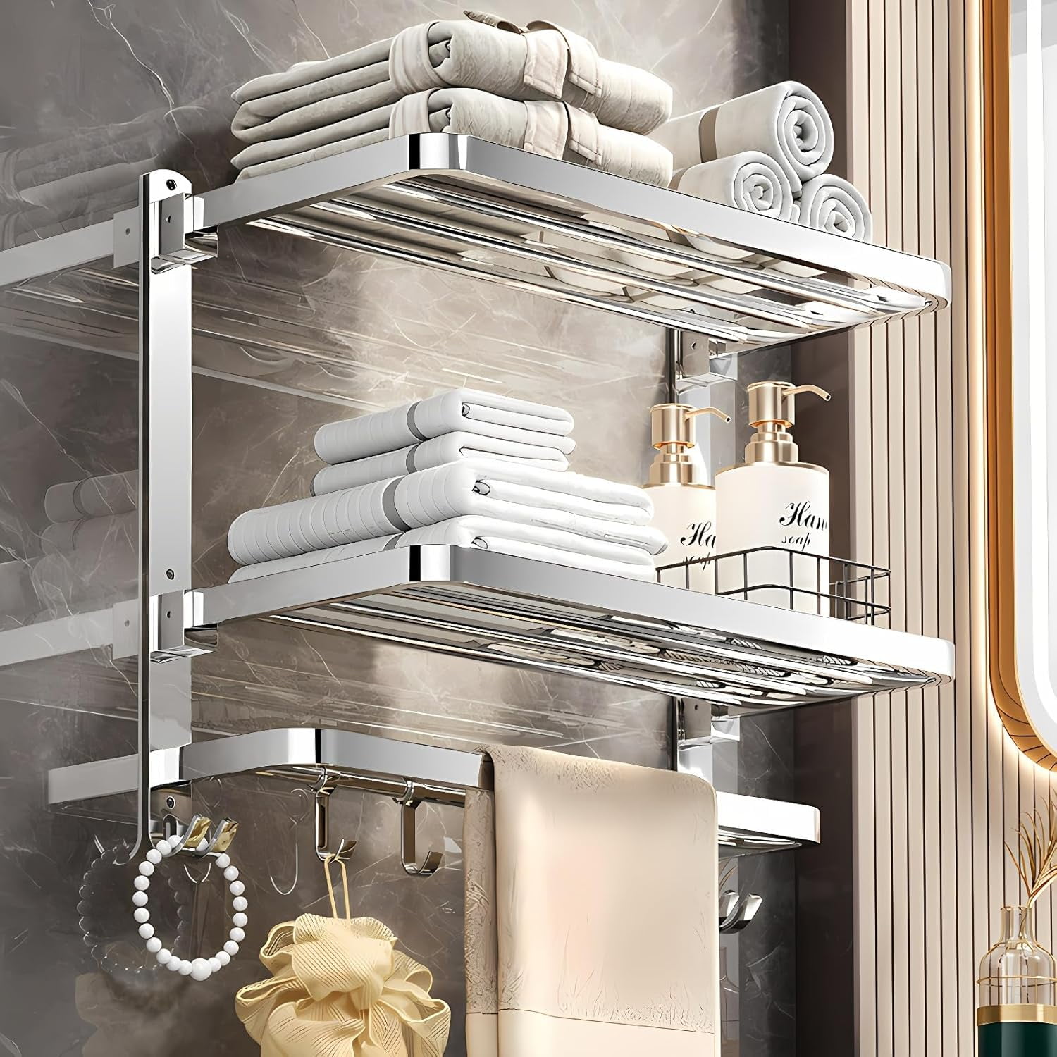 Towel Racks for Bathroom,3 Tier Foldable Bathroom Towel Rack Wall Mounted,16Inch Stainless Steel Shelf Towel Bar,Lavatory Holder with Hooks Shelves（Silver）