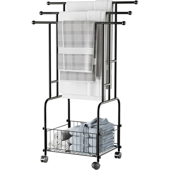 Towel Racks for Bathroom, 42" H 3-Tier Durable Black Reinforced Alloy Stand with Wheels and Basket, Free Standing Towel Rack, Multi-Use Blanket Rack for Indoor/Outdoor Bathroom Display