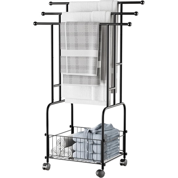 Towel Racks for Bathroom, 42" H 3-Tier Durable Black Reinforced Alloy Stand with Wheels and Basket, Free Standing Towel Rack, Multi-Use Blanket Rack for Indoor/Outdoor Bathroom Display