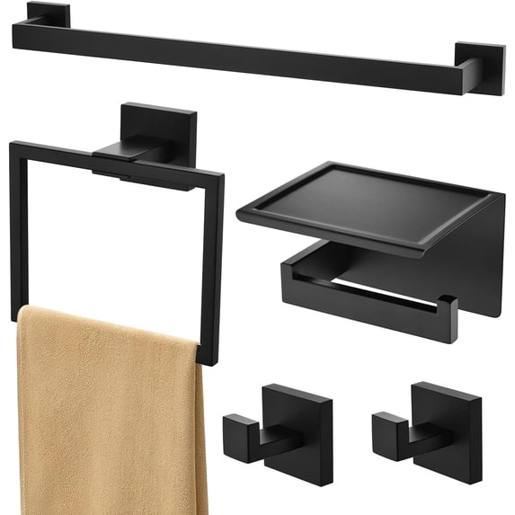 Towel Racks for Bathroom Black,5-Piece 16" Towel Bar Bathroom Hardware Accessories Wall Mounted Include Hand Towel Rod,Toilet Paper Holder with Shelf,Towel Holder,Robe Hook Matte