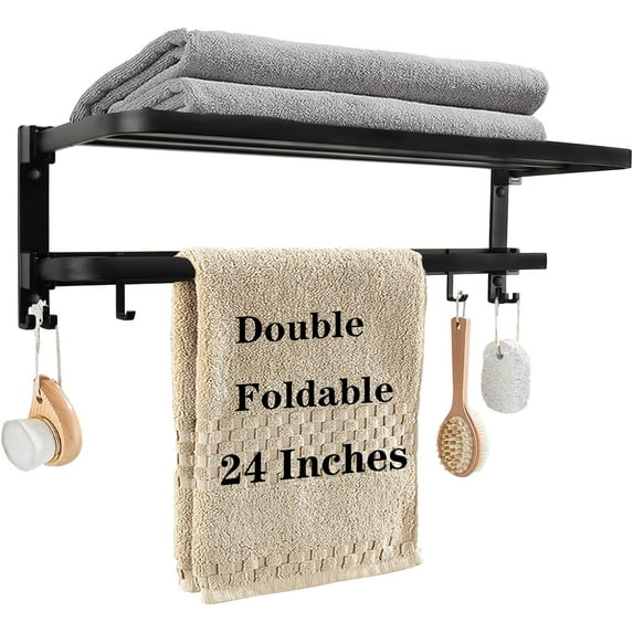 Towel Racks for Bathroom, Foldable Towel Shelf with Towel Bar & 7 Towel Hooks, Rustproof Double Bath Towel Holder Wall Mounted Towel Storage Hanger for Bathroom/Balcony/Lavatory(24In Black)