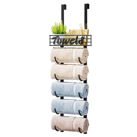 Towel Racks for Bathroom Storage - 6 Tier Over The Door & Wall Mount Rolled Towel Storage Organizer Holder with Metal Shelf Basket for Small Bathroom, Campe