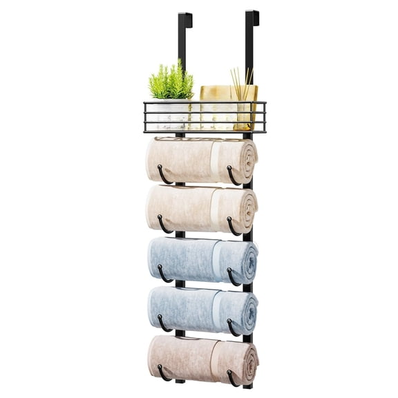 Towel Racks for Bathroom Storage - 6 Tier Over The Door & Wall Mount Rolled Towel Storage Organizer Holder with Metal Shelf Basket for Small Bathroom, Camper, Rv - Black, Patented