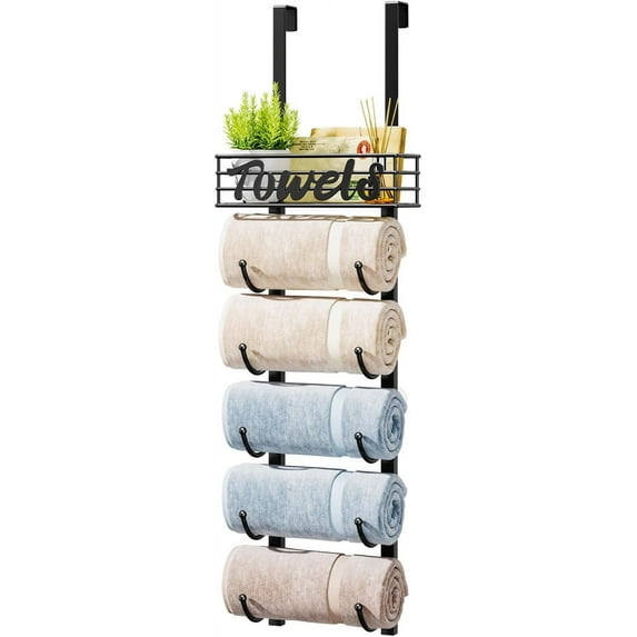 Towel Racks for Bathroom Storage - 6 Tier Over The Door & Wall Mount Rolled Towel Storage Organizer Holder with Metal Shelf Basket for Small Bathroom, Camper, Rv - Black, Patented