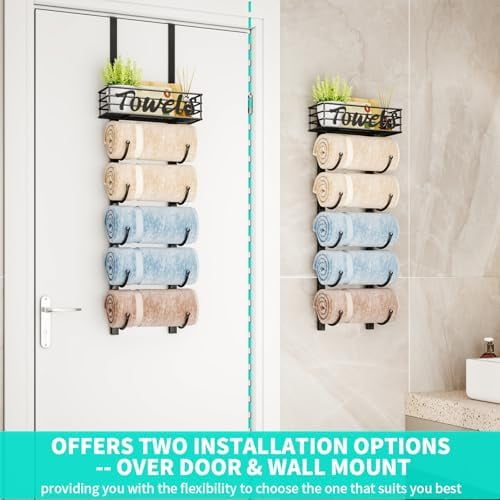 Towel Racks for Bathroom Storage - 6 Tier Over The Door & Wall Mount Rolled Towel Storage Organizer Holder with Metal Shelf Basket for Small Bathroom, Camper, Rv - Black, Patented