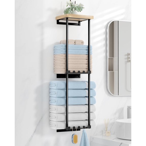 Towel Racks for Bathroom Storage - No Drill Wall Mounted Towel Holder with Shelf and 6 Hooks, Rolled Towel Storage Bath Towel Organizer for Small Bathroom, Camper, Rv - Black