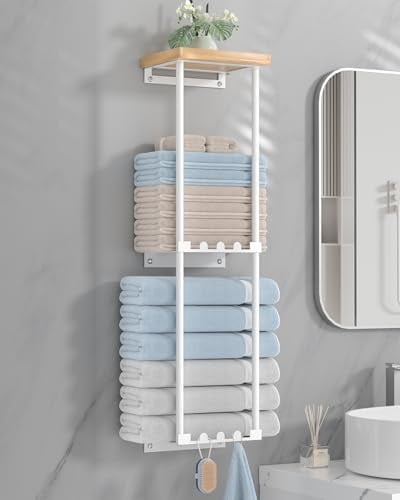 Towel Racks for Bathroom Storage - Wall Mounted Towel Holder with Shelf, Rolled Towel Storage Bath Towel Organizer for Small Bathroom, Camper, Rv - White