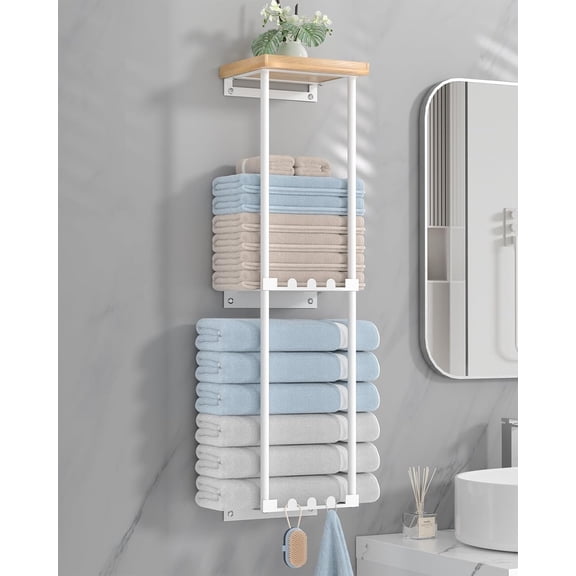 Towel Racks for Bathroom Storage - Wall Mounted Towel Holder with Shelf, Rolled Towel Storage Bath Towel Organizer for Small Bathroom, Camper, Rv - White