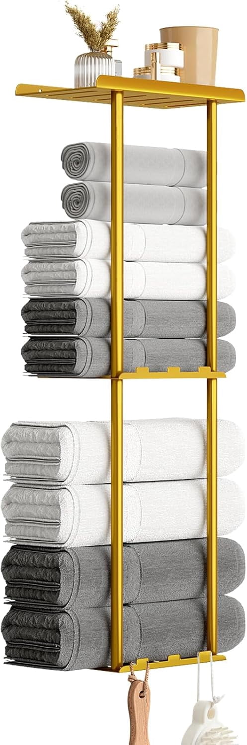 Towel Racks for Bathroom Towel Holder with Shelf & 6 Hooks, 3-Tier ...