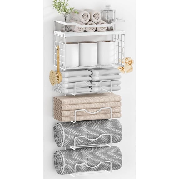 Towel Racks for Bathroom,Towel Rack Wall Mounted, 6 Tier Rolled Or Folded Towel Holder with Floating Shelves, Bathroom Towel Holder for Bath, Hand Towels,Metal,Full White