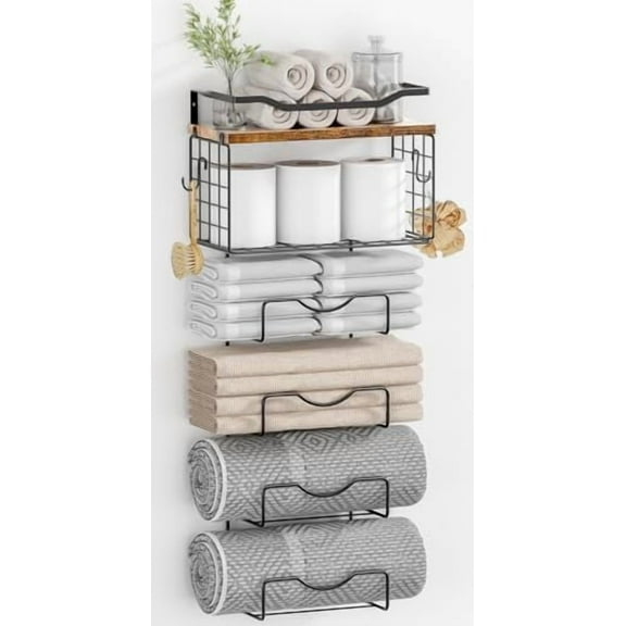 Towel Racks for Bathroom,Towel Rack Wall Mounted, 6 Tier Rolled Or Folded Towel Holder with Floating Shelves, Bathroom Towel Holder for Bath, Hand Towels,Metal and Wood