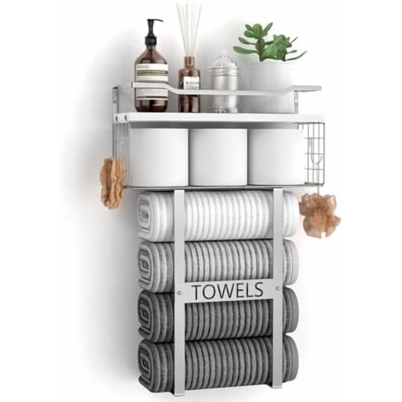 Towel Racks for Bathroom Wall Mounted - Bath Wall Towel Holder Set Above Toilet Storage, Rolled Towel Shelf Organizer for Small Bathroom, Wood Vertical Towel Rack for Bathroom Wall Decor Silver