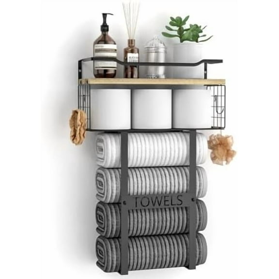 Towel Racks for Bathroom Wall Mounted - Bath Wall Towel Holder Set Above Toilet Storage, Rolled Towel Shelf Organizer for Small Bathroom, Wood Vertical Towel Rack for Bathroom Wall Decor
