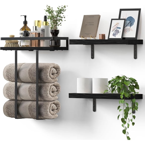 Towel Racks for Bathroom-Wall Mounted Floating Shelves for Wall Bathroom Bedroom Kitchen Living Room, Hanging Book Shelves Decor Bathroom Organizer, 16 inch Solid Wood, (Black, Set of 3, 16in)