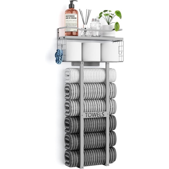Towel Racks for Bathroom - Wall Mounted Metal Rack with Wood Plank, Bathroom Storage Organizer, Towel Holder Stores 6 Large Rolled Towels Easily, All Grey
