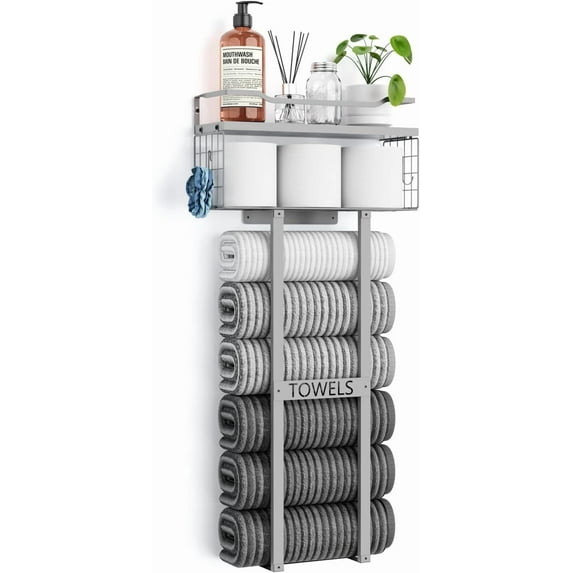 Towel Racks for Bathroom - Wall Mounted Metal Rack with Wood Plank, Bathroom Storage Organizer, Towel Holder Stores 6 Large Rolled Towels Easily, All Grey