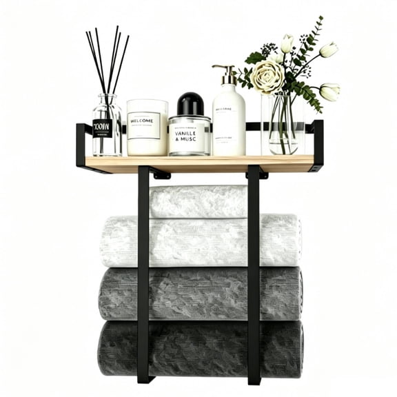 Towel Racks for Bathroom Wall Mounted,Metal Towel Holder with Wooden Shelf for Folding Large Towels, Towel Storage for Small Bathroom Organizer Decor or RV Camping