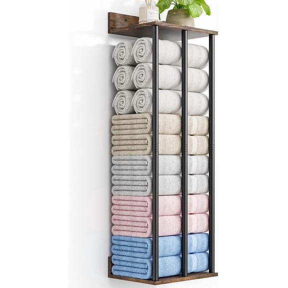 Towel Racks for Bathroom Wall Mounted with Wooden Storage Shelf, Updated 3 Bar Metal Towel Holder for Rolled Towels, Sturdy and Large Capacity, Towel Storage Organizer-Rustic
