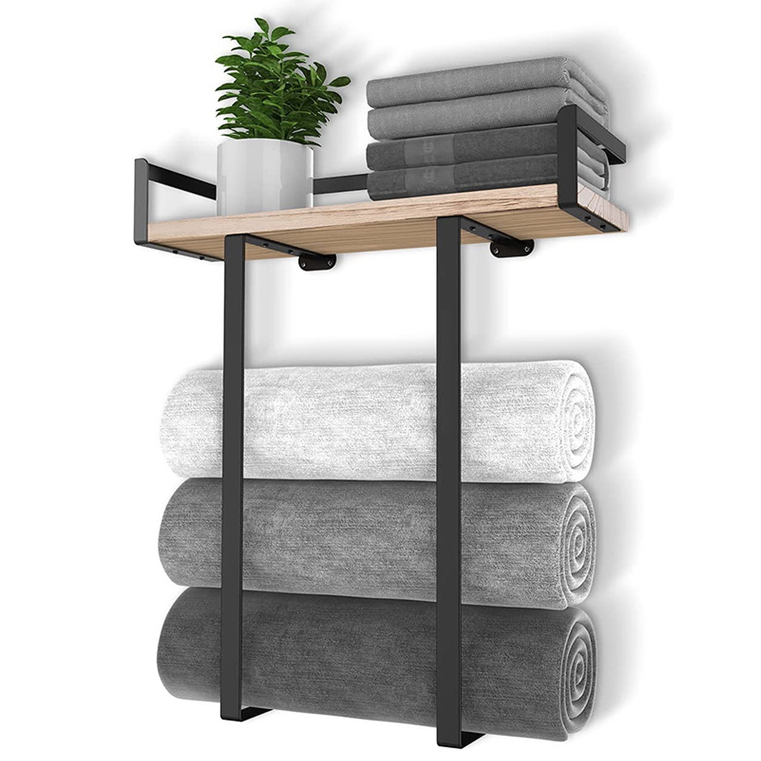 Towel Racks for Bathroom Wall Mounted, Xstydes Metal Towel Holder with Wooden Shelf for Folding