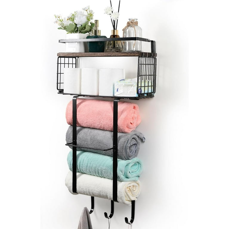 Towel Racks For Bathroom Wall Towel Holder For Rolled Towels With Wooden Shelf 3 Hooks Bathroom Towel Storage For Large Towels Small Towels Hand Towels Bath Organizer Decor Walmart