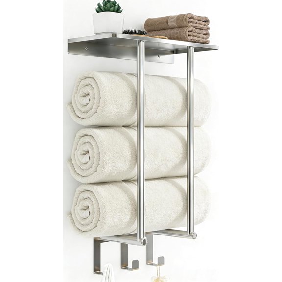 Towel Racks for Bathroom, Bathroom Towel Rack Wall Mounted with Metal Shelf and 3 Hooks for Small Bathroom, Black