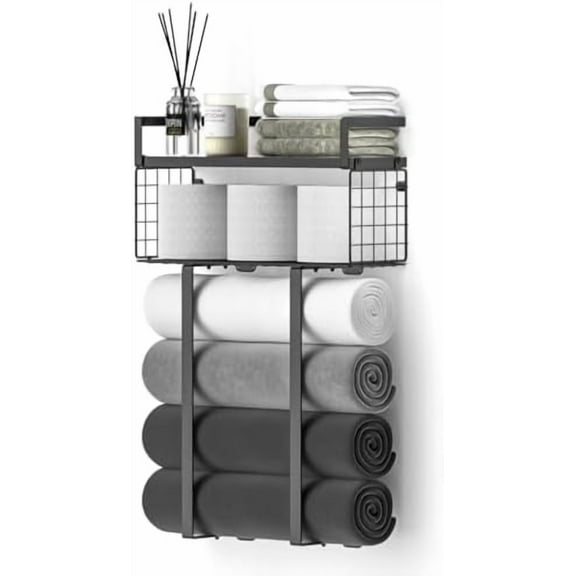 Towel Racks for Bathroom, Metal Towel Holder with Storage Basket,Wall Towel Rack for Rolled Towels, Towel Storage for Small Bathroom,Black