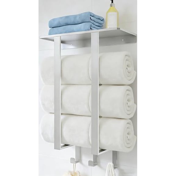Towel Racks for Bathroom, Towel Rack Wall Mounted with Shelf and 3 Hooks, Towel Storage for Small Bathroom for Rolled Bath Towels, Brushed Nickel