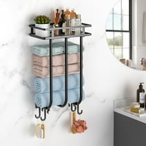 Towel Racks for Bathroom Wall Mount, Towel Holders with Top Shelf and 4 Hooks, Black