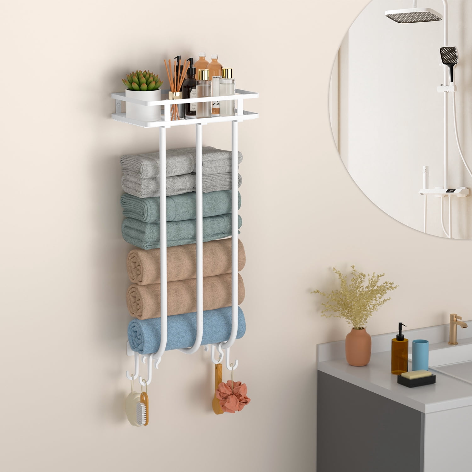 Towel Racks for Bathroom Wall Mount, Towel Holders with Top Shelf and 4 ...