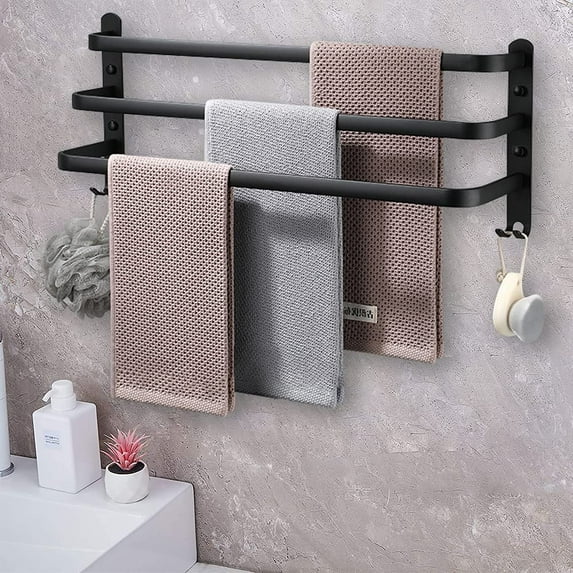 Towel Rails Wall Mounted 3 Tier Towel Rack With Hooks Space Aluminum Towel Rack Bathroom Towel Holder No Fading Towel Shelves For Kitchen Bathroom Toilet Hotel Office (Black,50CM)