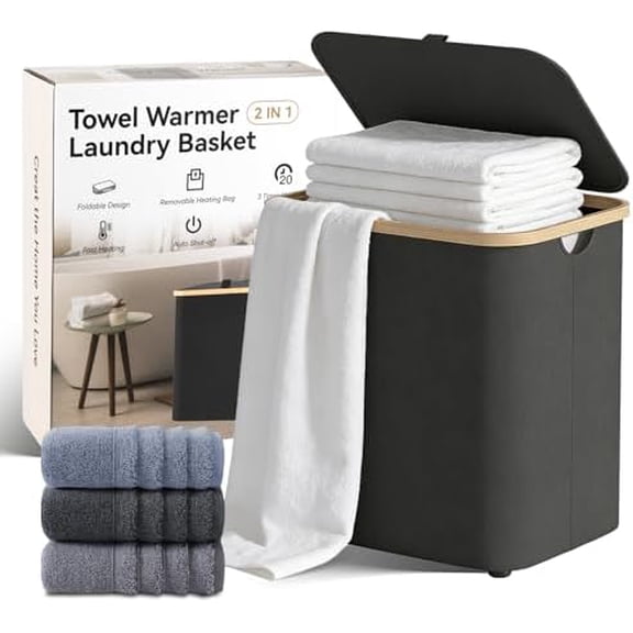 Towel Warmer & Laundry Basket 2-in-1, Foldable Towel Warmer for Bathroom with Removable Heating Bag, 20/40/60Mins Fast Heating, Auto Shut-Off, Fits 3 Large Towels Blankets, Ideal Xmas Gift - Black