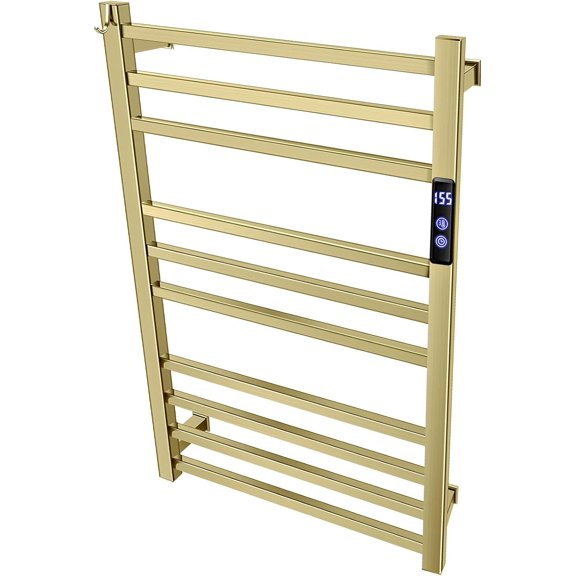 Towel Warmer Rack for Bathroom with Timer/Fahrenheit Temperature Control Wall Mounted Electric Heated 10 Bar Rail Plug-in or Hardwired Keep Bath Shower Towel Warming (Brushed Gold)