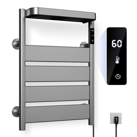 Towel Warmer Rack, Heated Towel Rack for Bathroom, (Not Hardwired), Aluminum Alloy/4 Large Area Heating rods, with Timer and Temperature Adjustment, Overheat Protection Function Gray