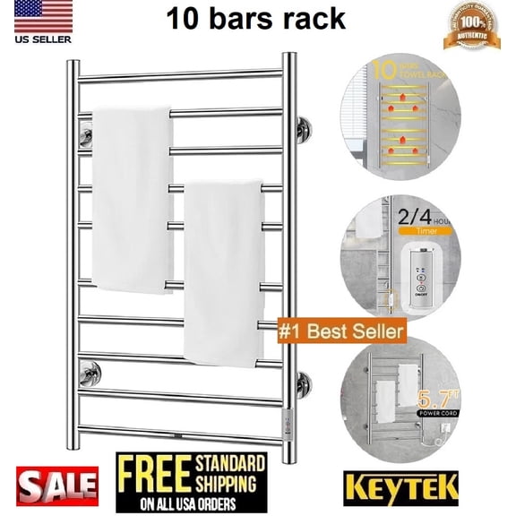 Towel Warmer Wall Mounted with Built-in Timer 10 Bars Electric Stainless Steel Heated Towel Racks for Bathroom, Hot Plug-in Bath Towel Heater Brushed Nickel