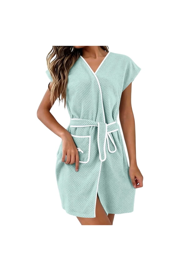 Towel Wrap for Women, Short Sleeve Bath Robe Lightweight Knee Length Bathrobe Loungewear with Pockets