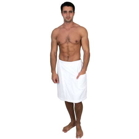 TowelSelections Men's Wrap Adjustable Cotton Terry Shower Bath Gym Cover Up with Snaps Small/Large White