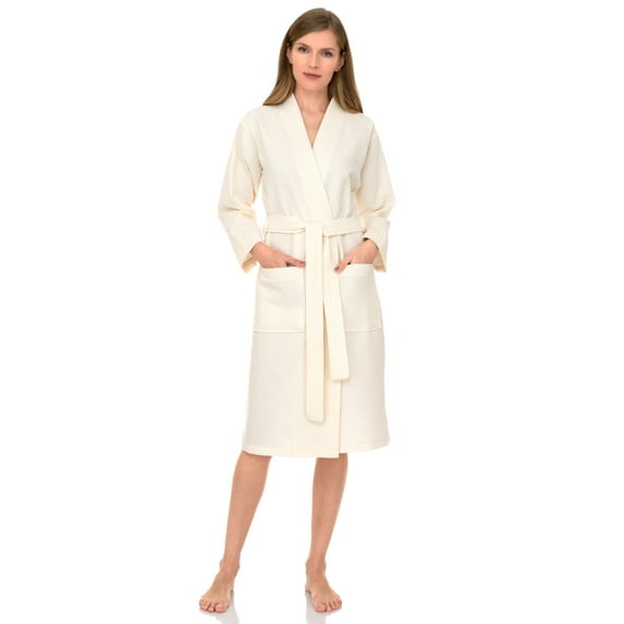 TowelSelections Women's Robe, Kimono Waffle Spa Bathrobe Medium/Large Ivory