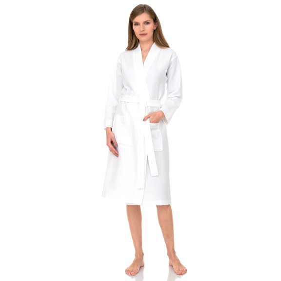 TowelSelections Women's Robe, Kimono Waffle Spa Bathrobe Medium/Large White