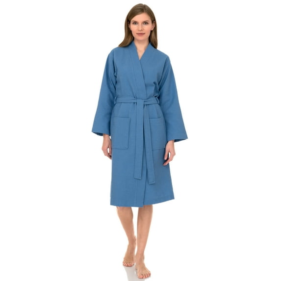 TowelSelections Women's Robe, Kimono Waffle Spa Bathrobe X-Small/Small Silver Lake Blue