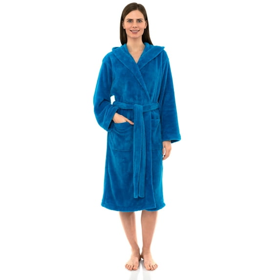 TowelSelections Women's Robe Soft Plush Fleece Hooded Spa Bathrobe Medium/Large Blithe Blue
