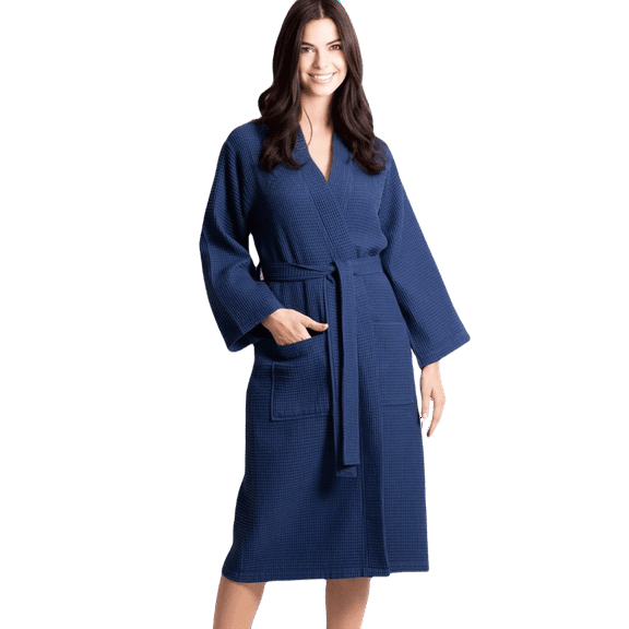 TowelSoft 100% Turkish Cotton Women's Waffle Kimono Bathrobe-Navy (One Size)