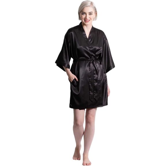 TowelSoft Satin Kimono Black Short Robe for Women (Large/X-Large)