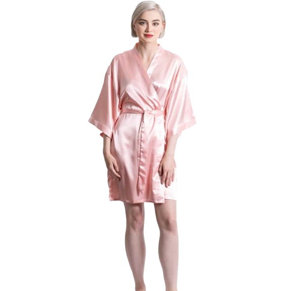 TowelSoft Satin Kimono Light Pink Short Robe for Women (Small/ Medium)