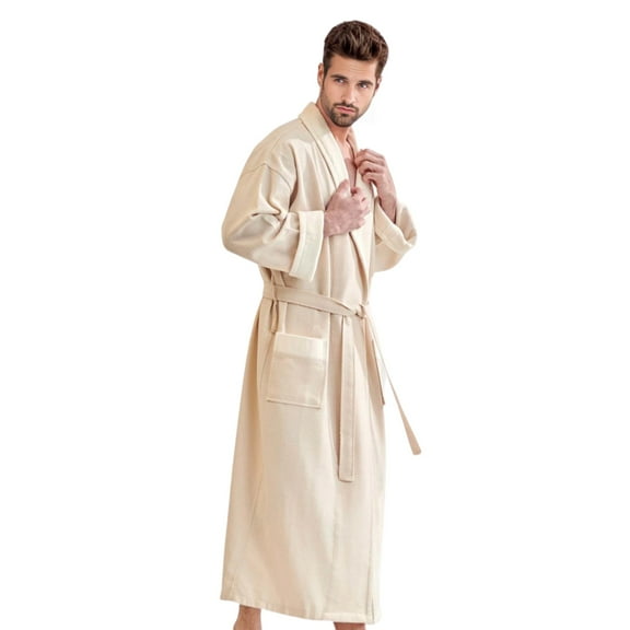 TowelSoft Unisex Men's Luxury 100% Cotton Waffle Beige Bathrobe, Velour Shawl (One Size)