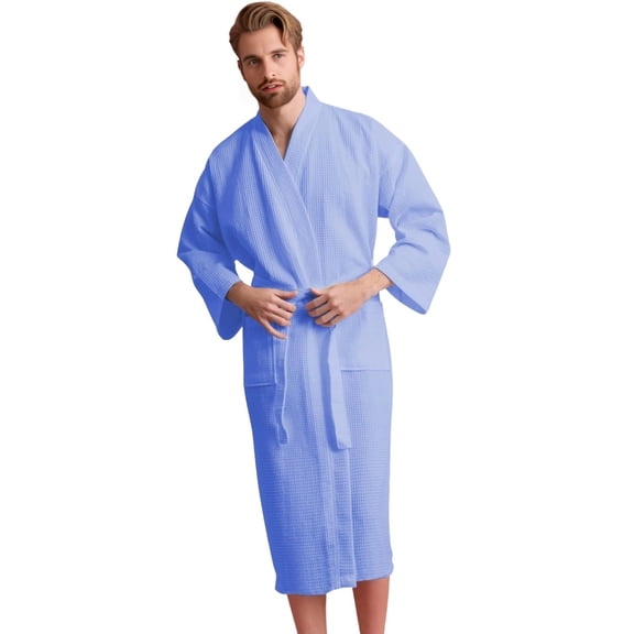 TowelSoft Unisex Men's Waffle Weave Kimono Light Blue Bathrobe (One Size)