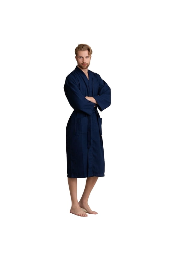 Unisex Men's Waffle Weave Kimono Navy Bathrobe (One Size)