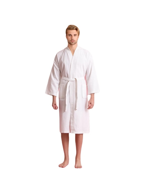 Unisex Men's Waffle Weave Kimono White Bathrobe (One Size)