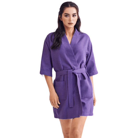 TowelSoft Women's Short Cotton Blend Waffle Kimono Purple Bathrobe (Small/ Medium)