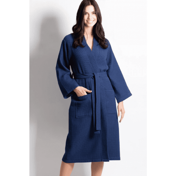 TowelSoft Women's Waffle Indigo Long Premium Cotton Blend Bathrobe (Small)